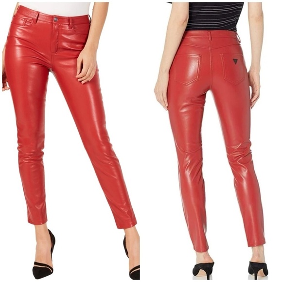 Guess faux leather vegan casual chino pant, red, sz 8, stretchy, NWOT - Picture 1 of 16